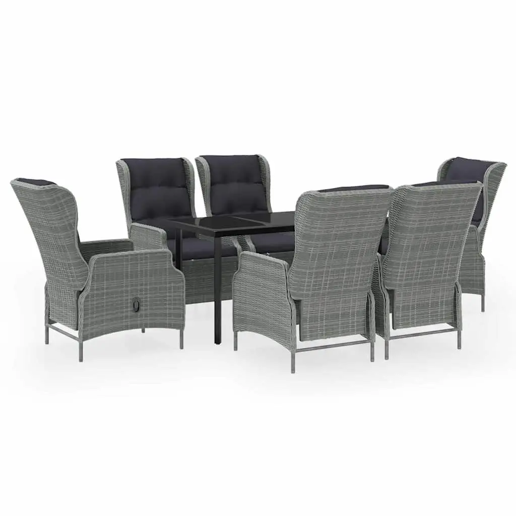 7 Piece Garden Dining Set Steel Frame PE Rattan Chairs Glass Table Grey
