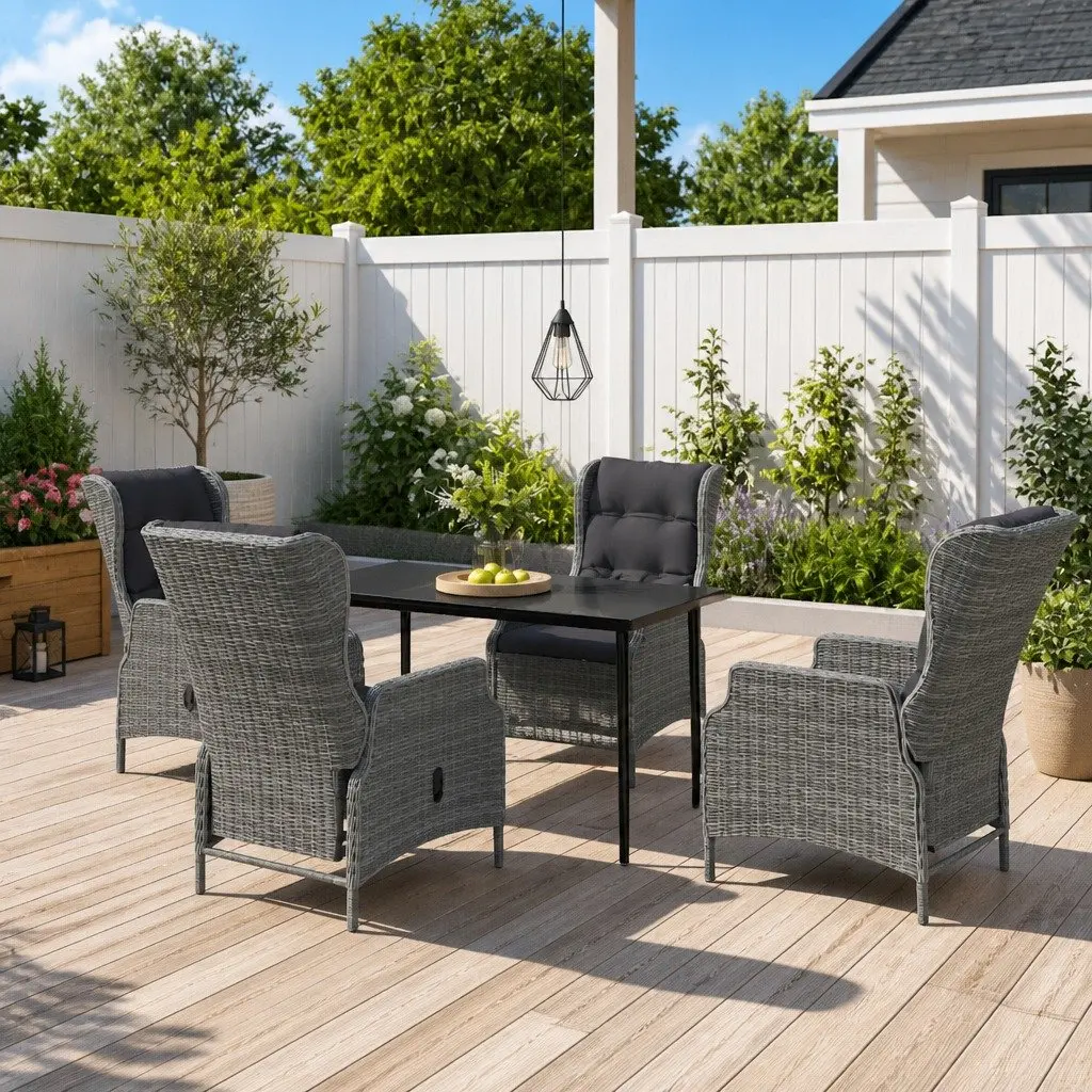 Garden Dining Set Steel Grey 5 Piece Outdoor Furniture Glass Table Reclining Chairs
