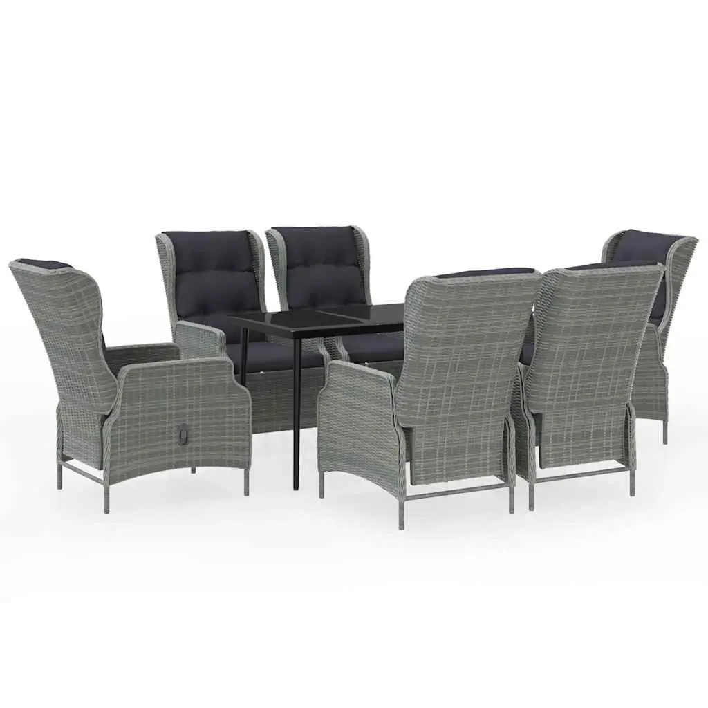 7 Piece Garden Dining Set Steel Grey Rattan Chairs Glass Table