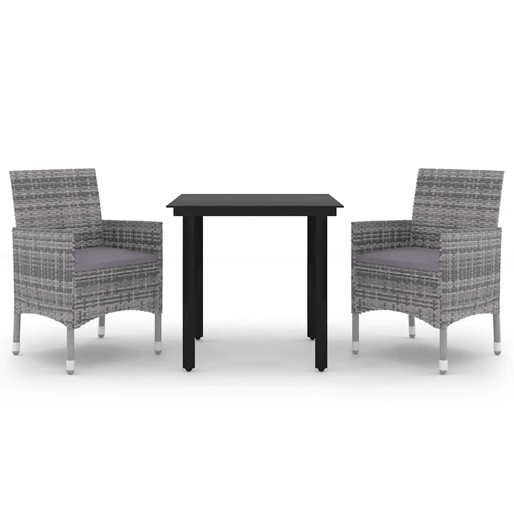 3 Piece Garden Dining Set Glass Table Rattan Chairs Grey