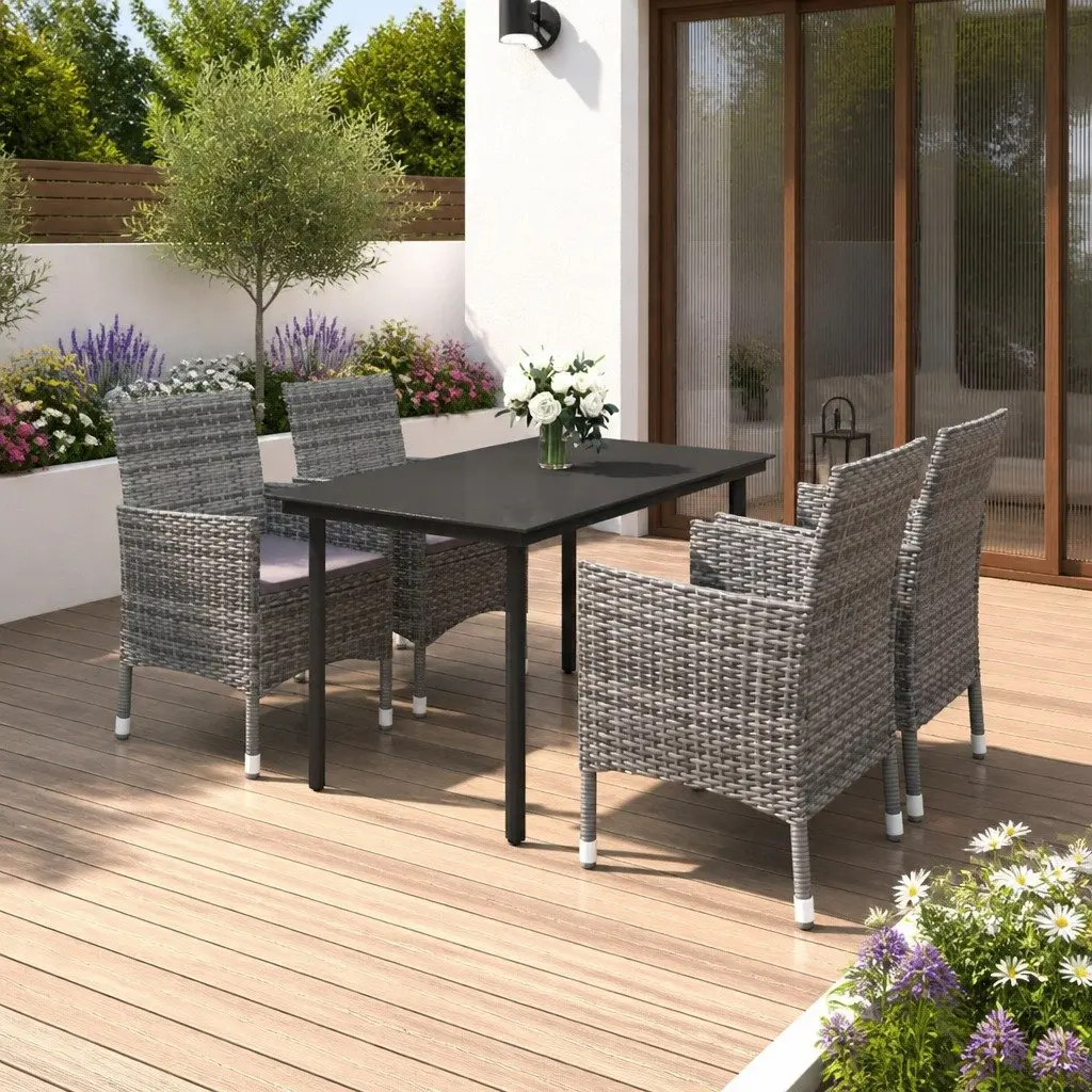 Outdoor Dining Set Grey PE Rattan Chairs Glass Table 5 Piece Garden Furniture