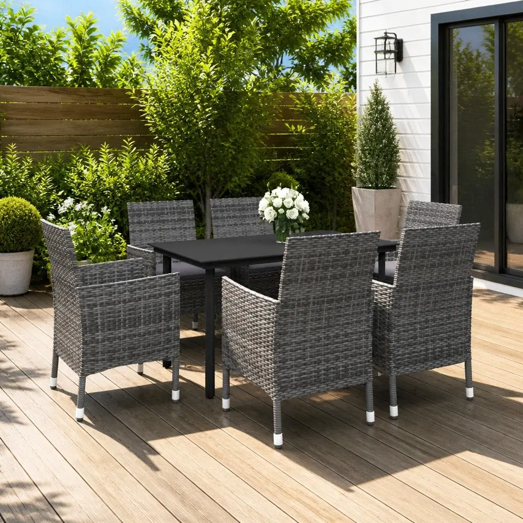 Garden Dining Set PE Rattan Steel Frame Glass Table 7 Piece Outdoor Furniture Grey