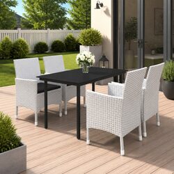 Outdoor Dining Set 5 Piece Patio Glass Table Rattan Chairs Garden Furniture White