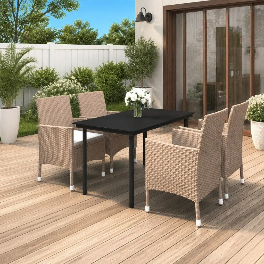 Garden Dining Set 5 Piece PE Rattan Steel Frame Glass Table Chairs Beige