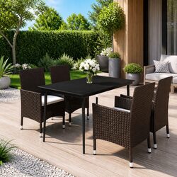 5-Piece Brown Garden Dining Set with Glass Top and Cushions