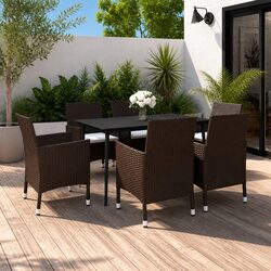 7-Piece Brown PE Rattan Dining Set with Glass Table