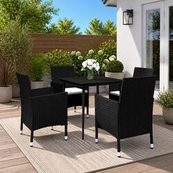5 Piece Garden Dining Set with Glass Table and Rattan Chairs