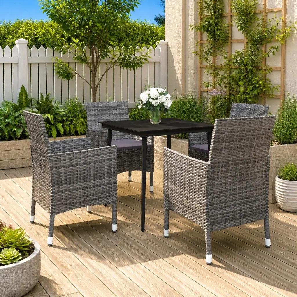 Grey Poly Rattan Garden Dining Set with Glass Table