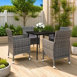 Grey Poly Rattan Garden Dining Set with Glass Table