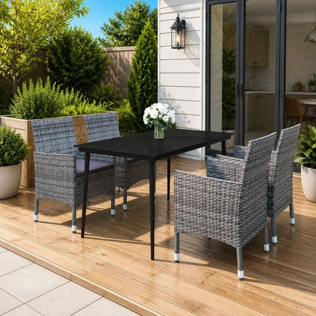 5 Piece Grey Garden Dining Set with Glass Table