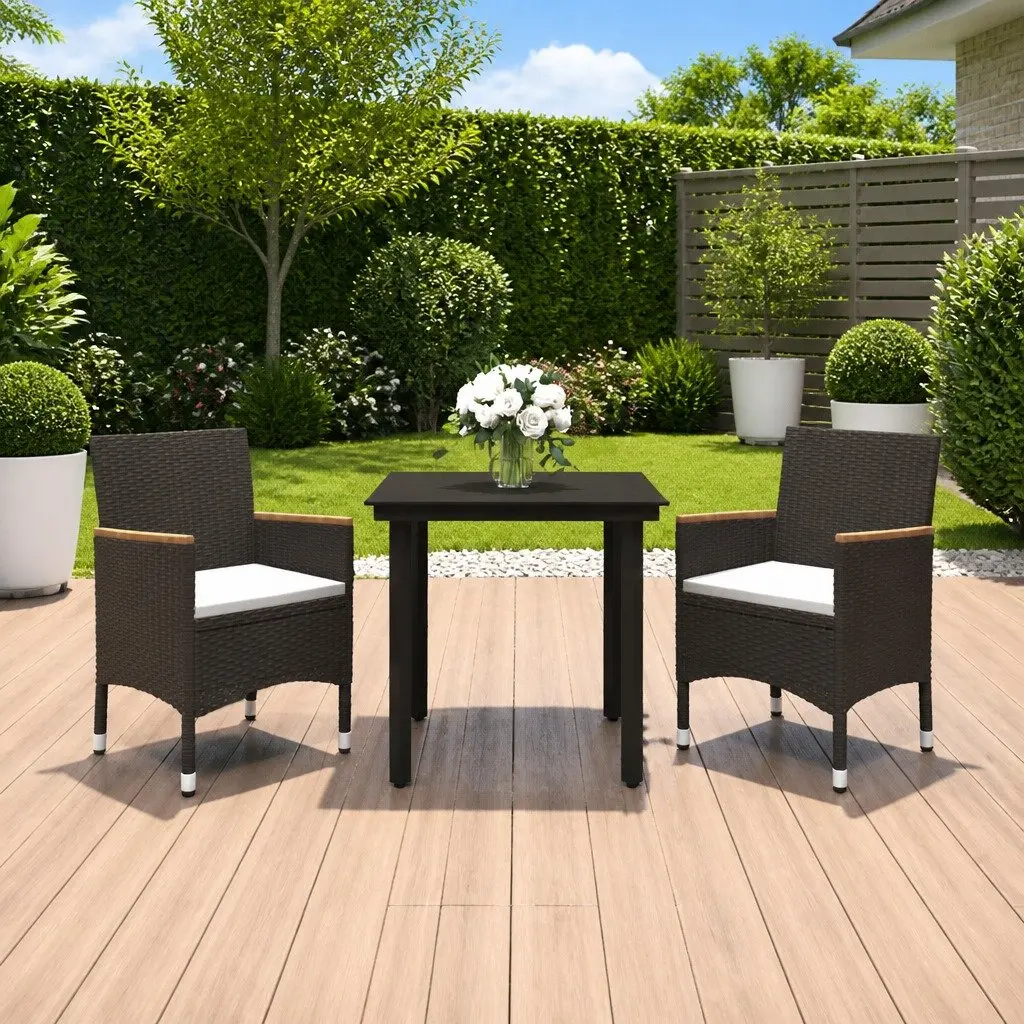 Outdoor Dining Set PE Rattan Steel Glass Table Black 3 Piece