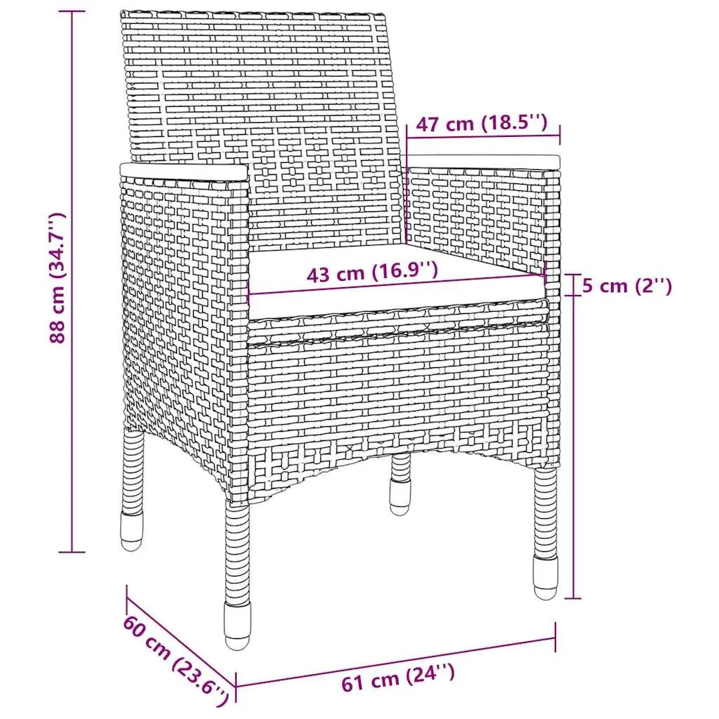 Outdoor Dining Set PE Rattan Steel Glass Table Black 3 Piece