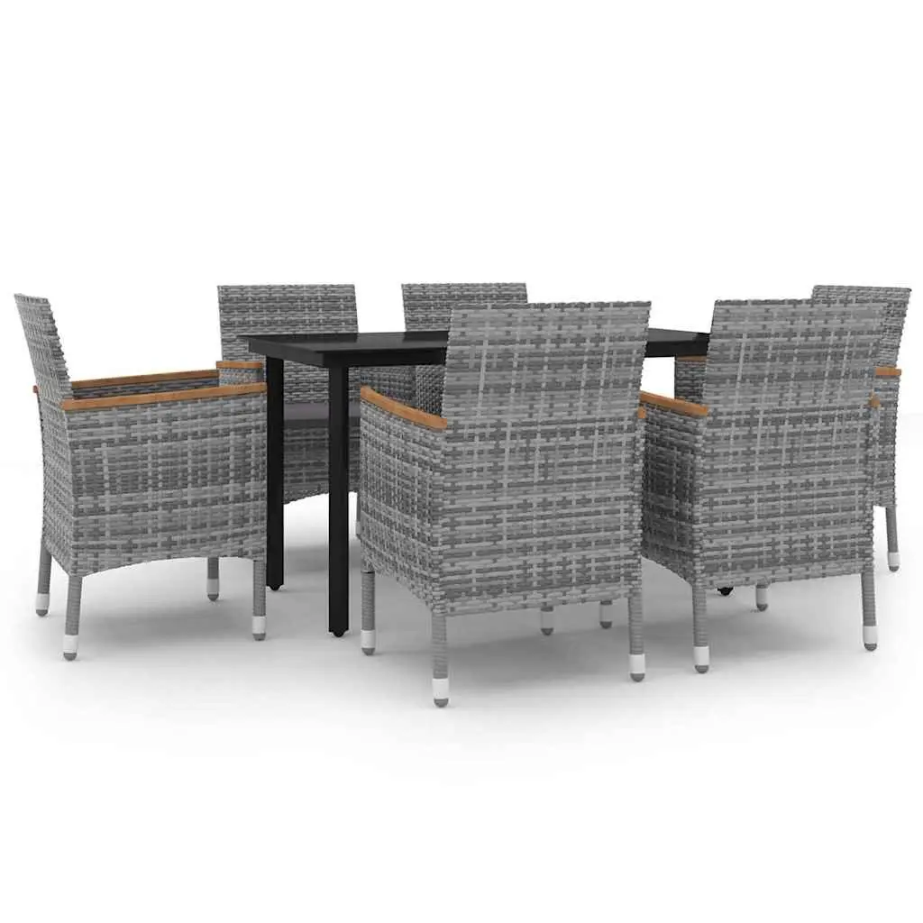 7 Piece Garden Dining Set Grey Glass Table Chairs with Cushions PE Rattan Steel Frame Outdoor