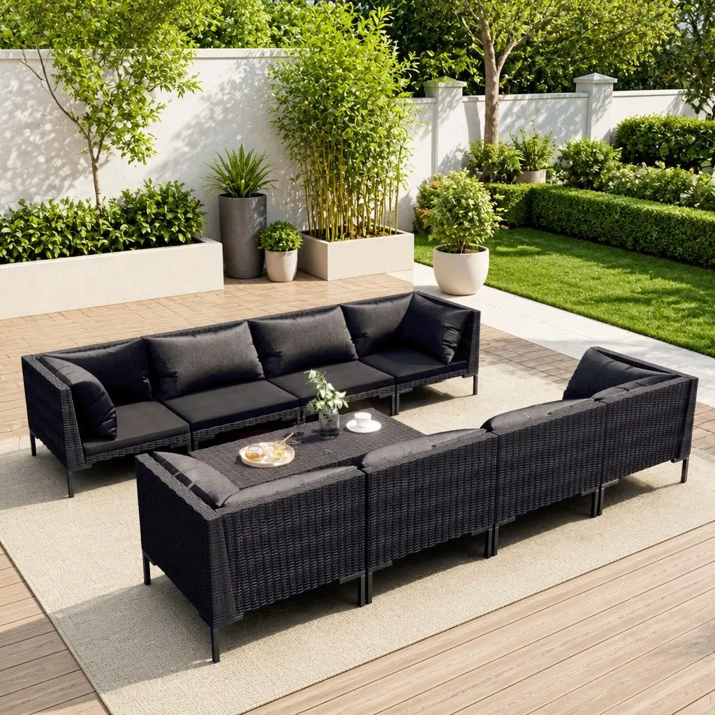9 Piece Outdoor Lounge Set Steel Rattan Dark Grey Patio Furniture Sofa with Cushions