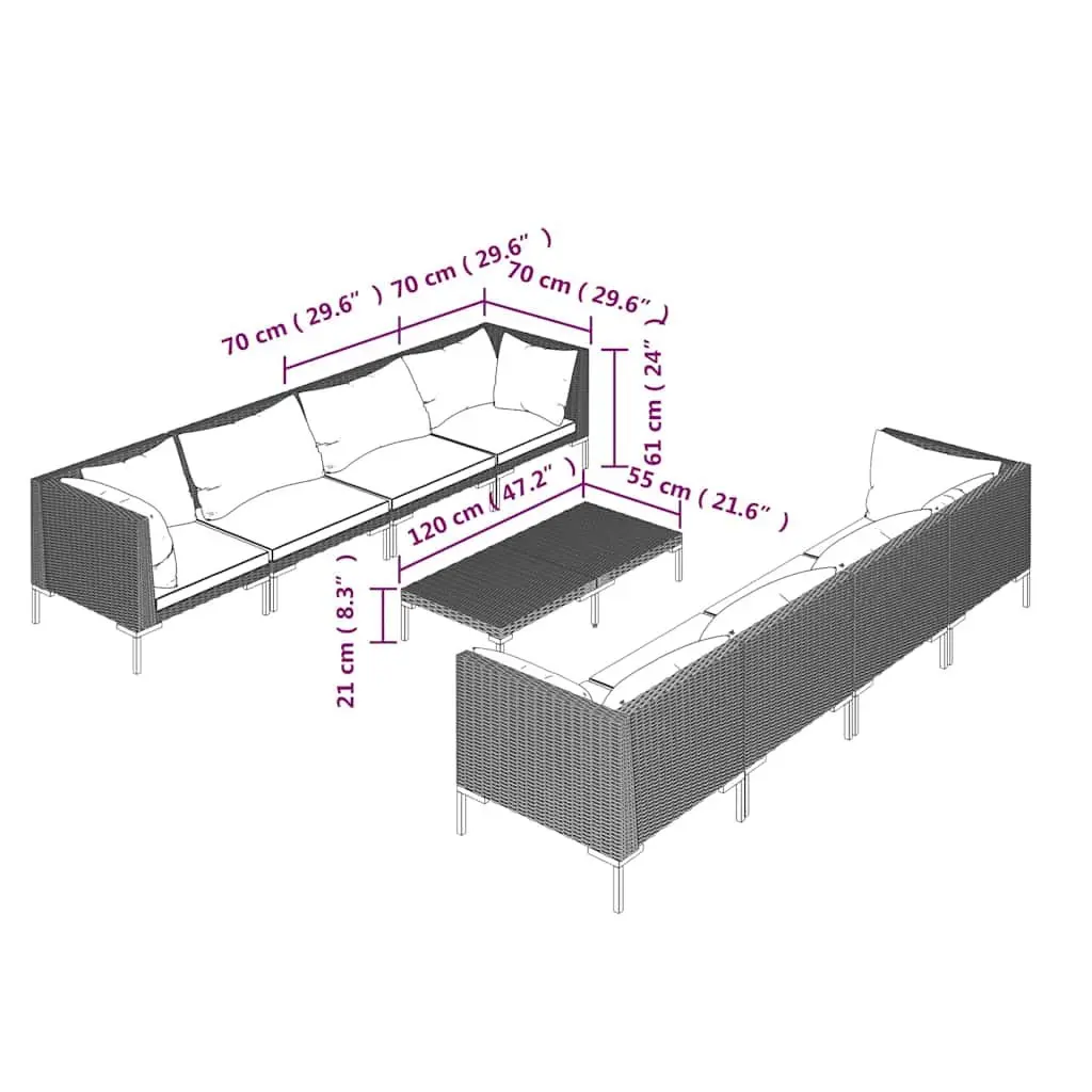 9 Piece Outdoor Lounge Set Steel Rattan Dark Grey Patio Furniture Sofa with Cushions