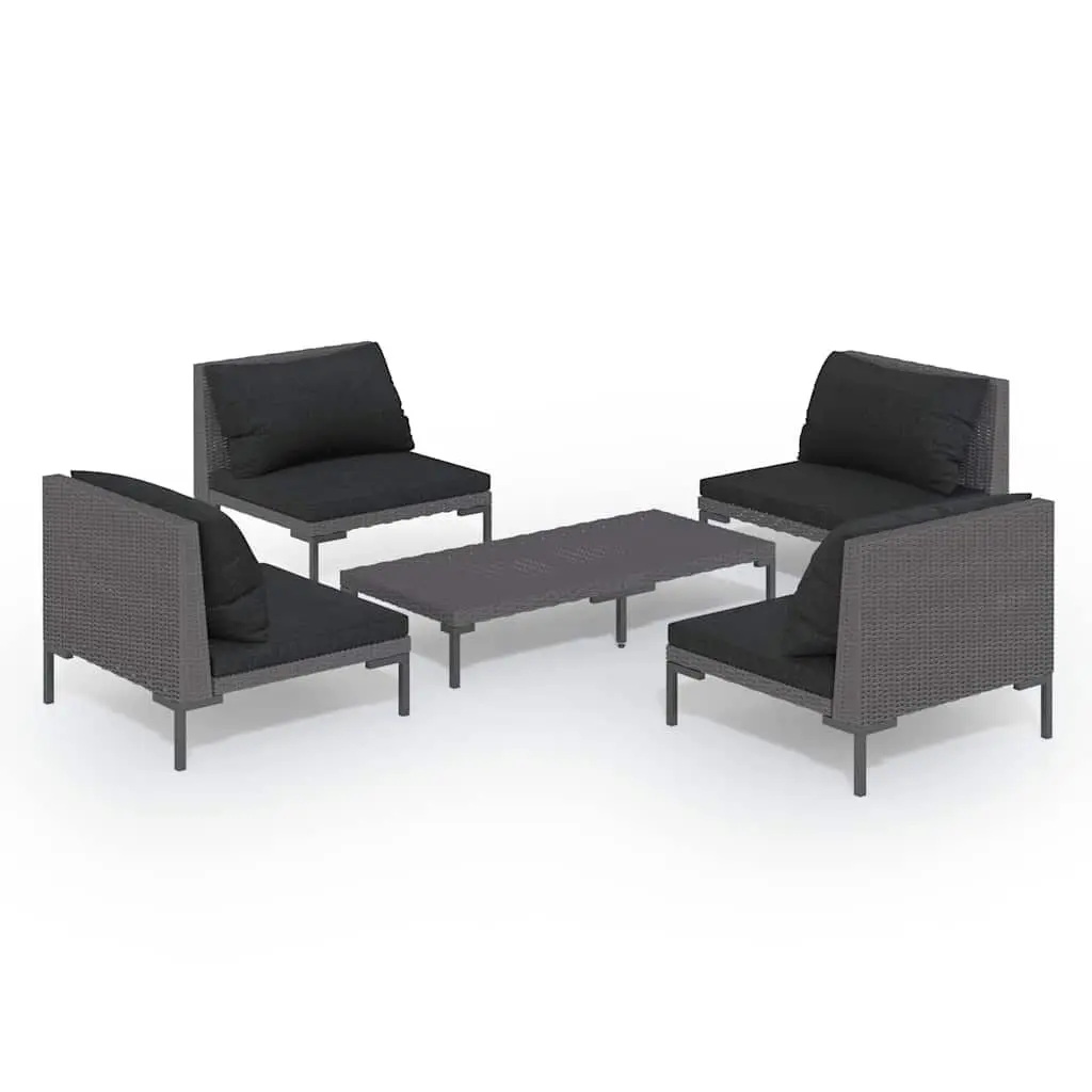 5 Piece Garden Lounge Set Powder-coated Steel Half-round PE Rattan Dark Grey Cushions Sofa