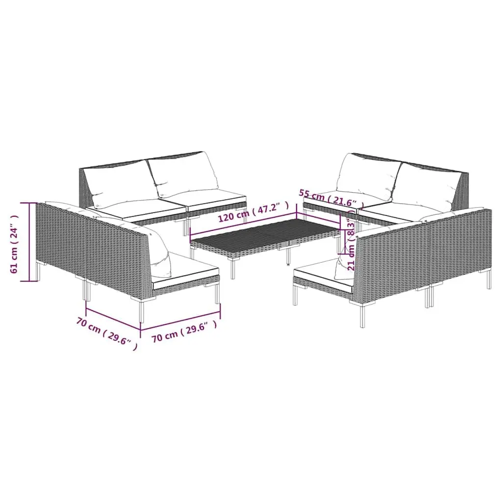 9 Piece Grey Outdoor Lounge Set with Cushions