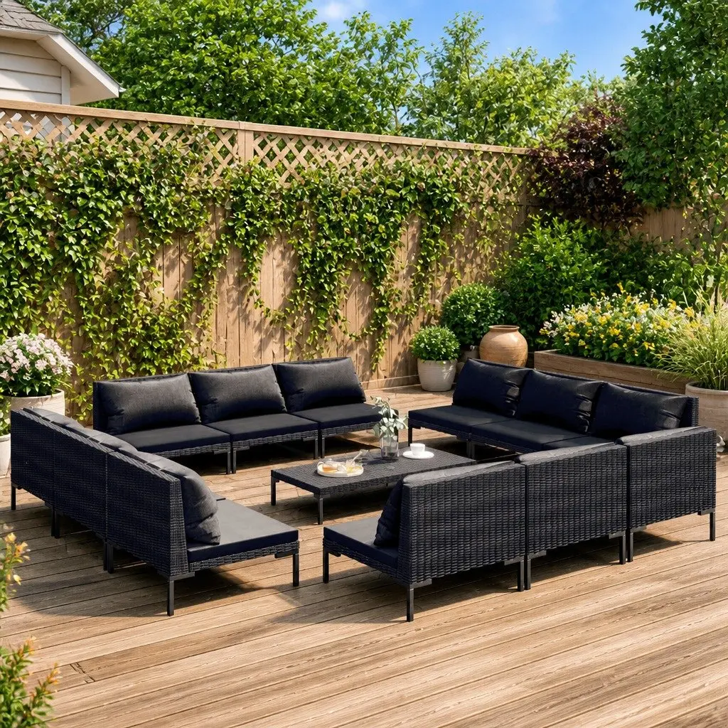 13-Piece Garden Lounge Set with Cushions in Grey Rattan