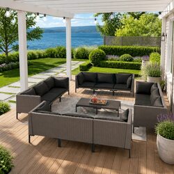 13-Piece Grey PE Rattan Garden Lounge Set with Cushions
