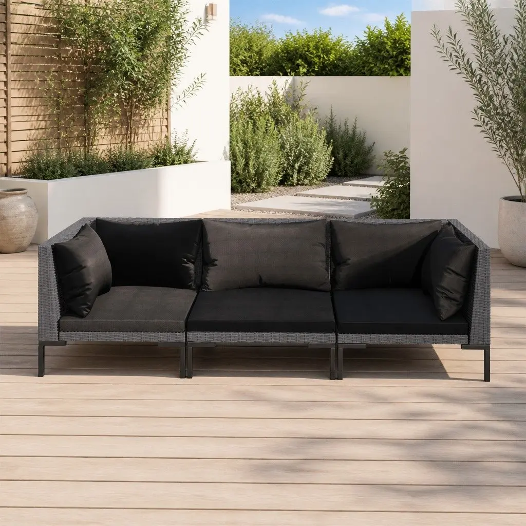 Garden Lounge Set PE Rattan 3 Piece Grey Outdoor Furniture with Cushions