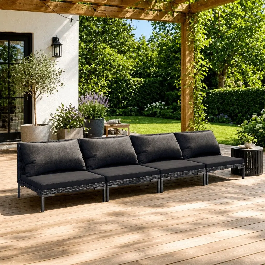 Garden Lounge Set Rattan 4 Piece Outdoor Furniture Grey Cushions Steel Frame