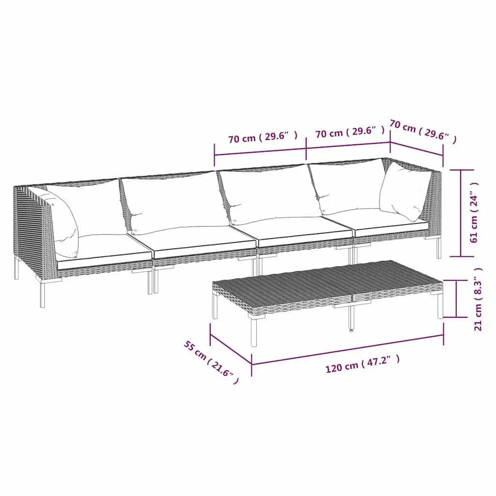 5-Piece Garden Lounge Set Grey Rattan Sofa