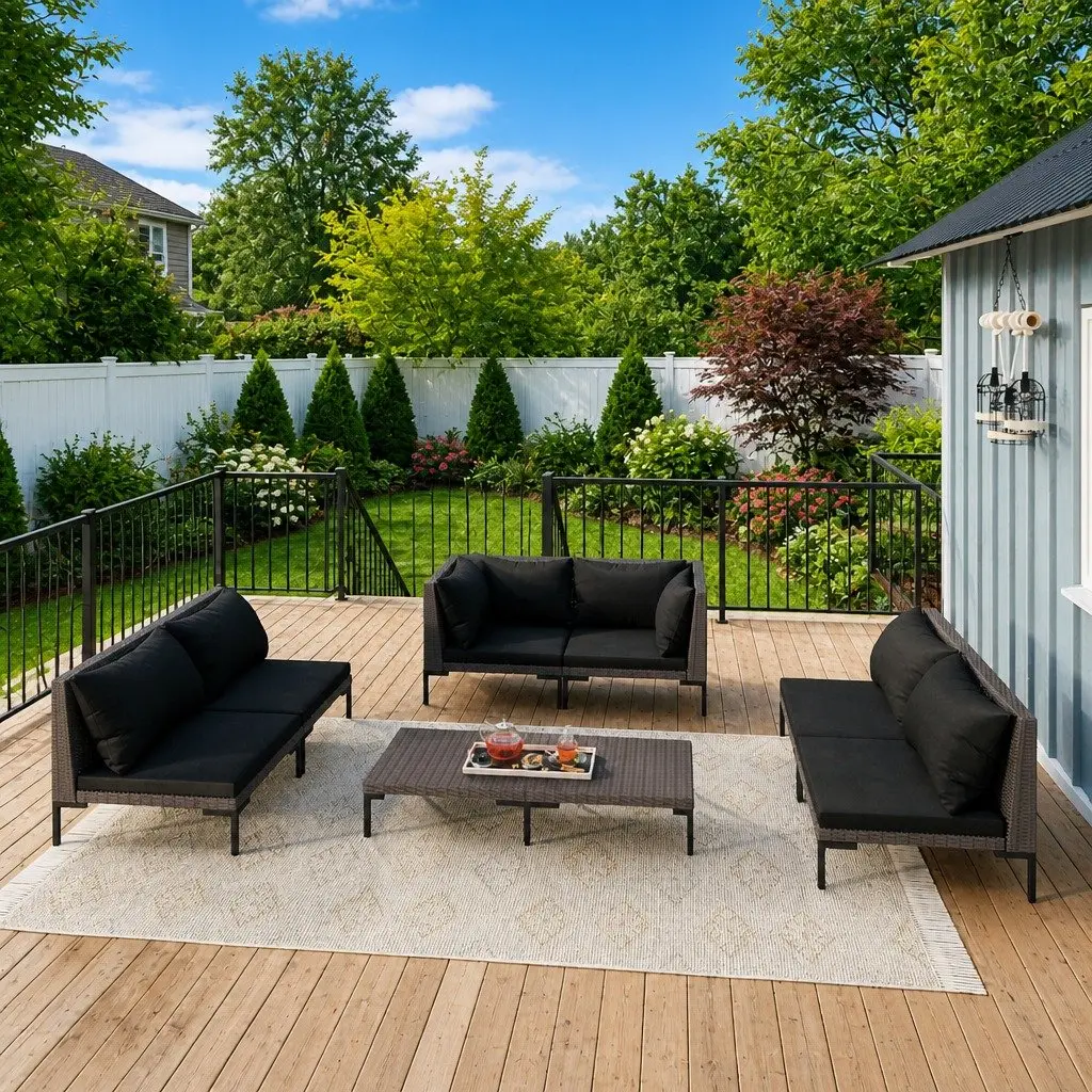 Outdoor Lounge Set Grey Rattan 7 Piece Patio Furniture Cushions Weather Resistant