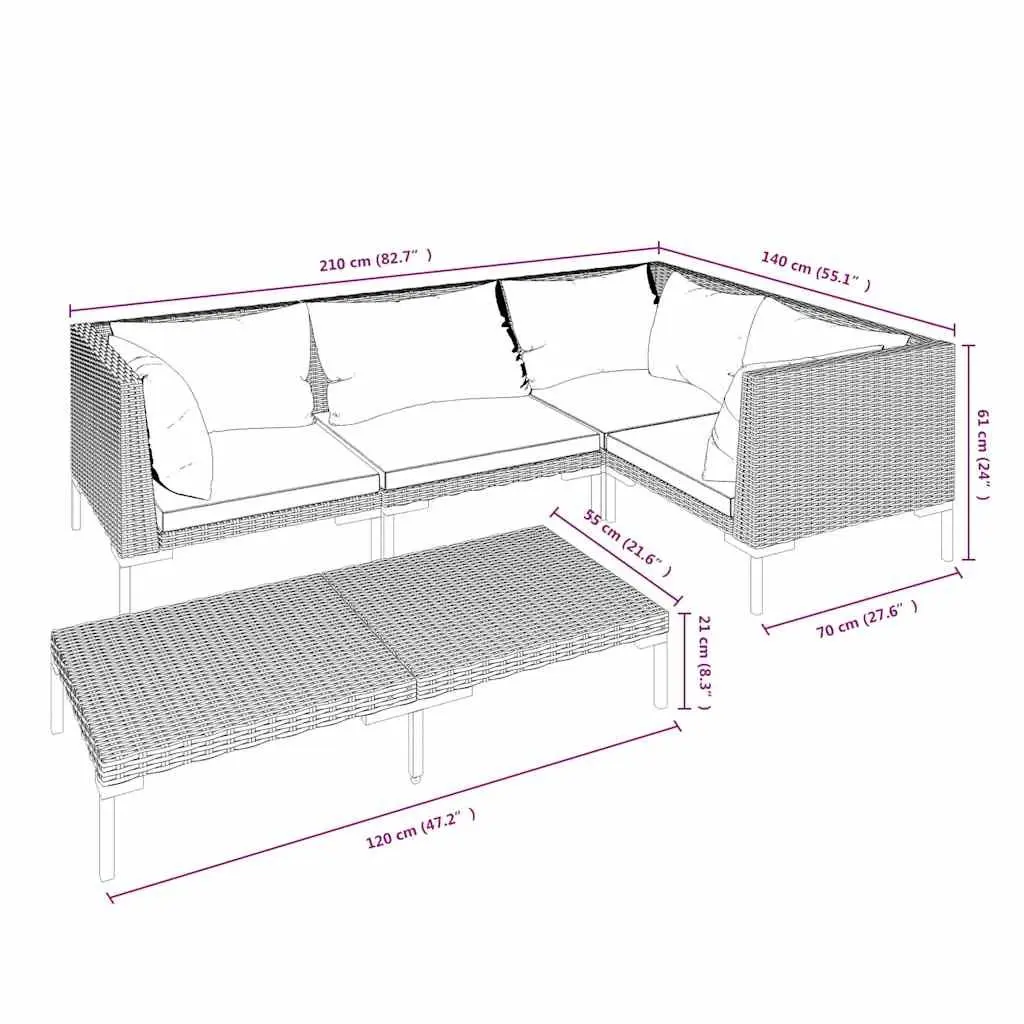 Garden Lounge Set Poly Rattan 5 Piece Outdoor Patio Furniture with Cushions Grey