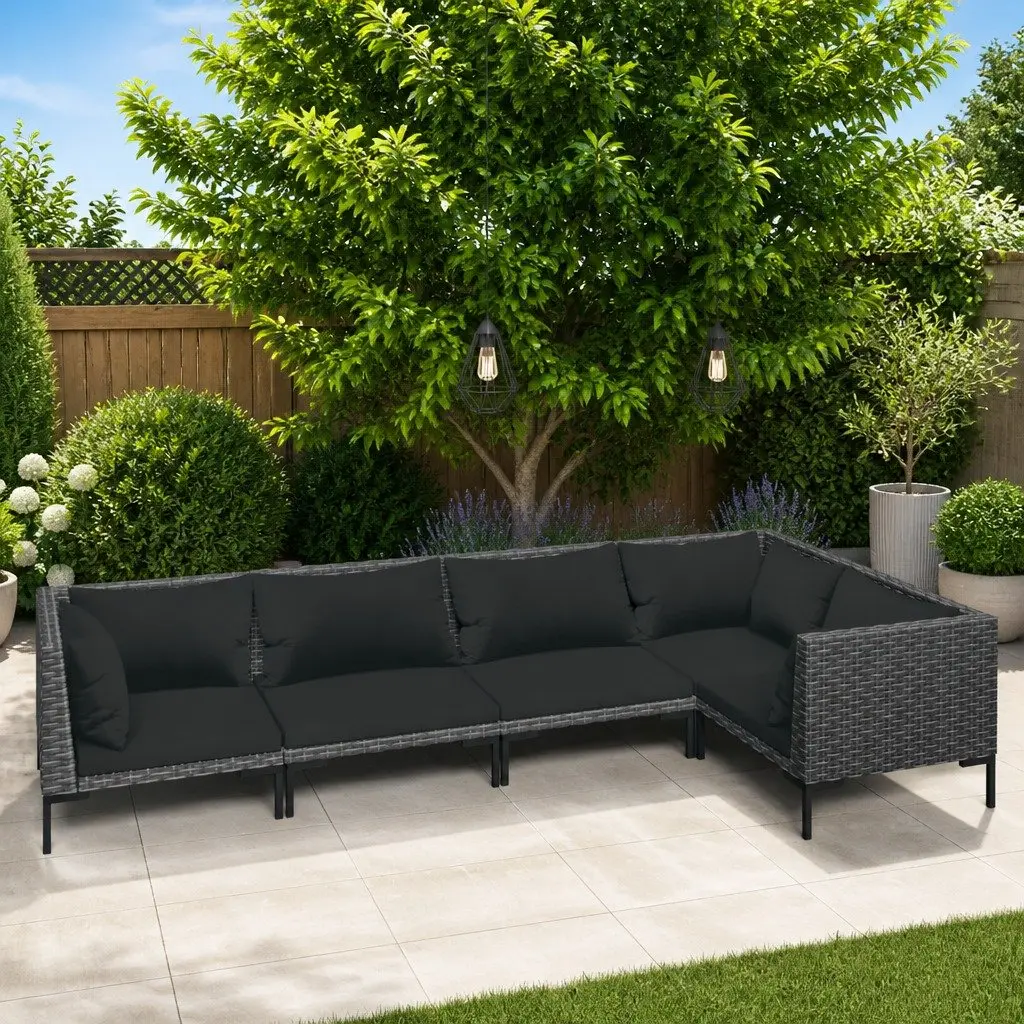 5 Piece Outdoor Lounge Set Grey PE Rattan Powder Coated Steel Frame with Cushions