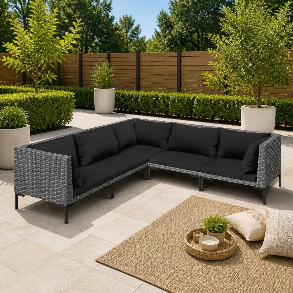 5 Piece Garden Lounge Set Powder-coated Steel Half-round PE Rattan Grey