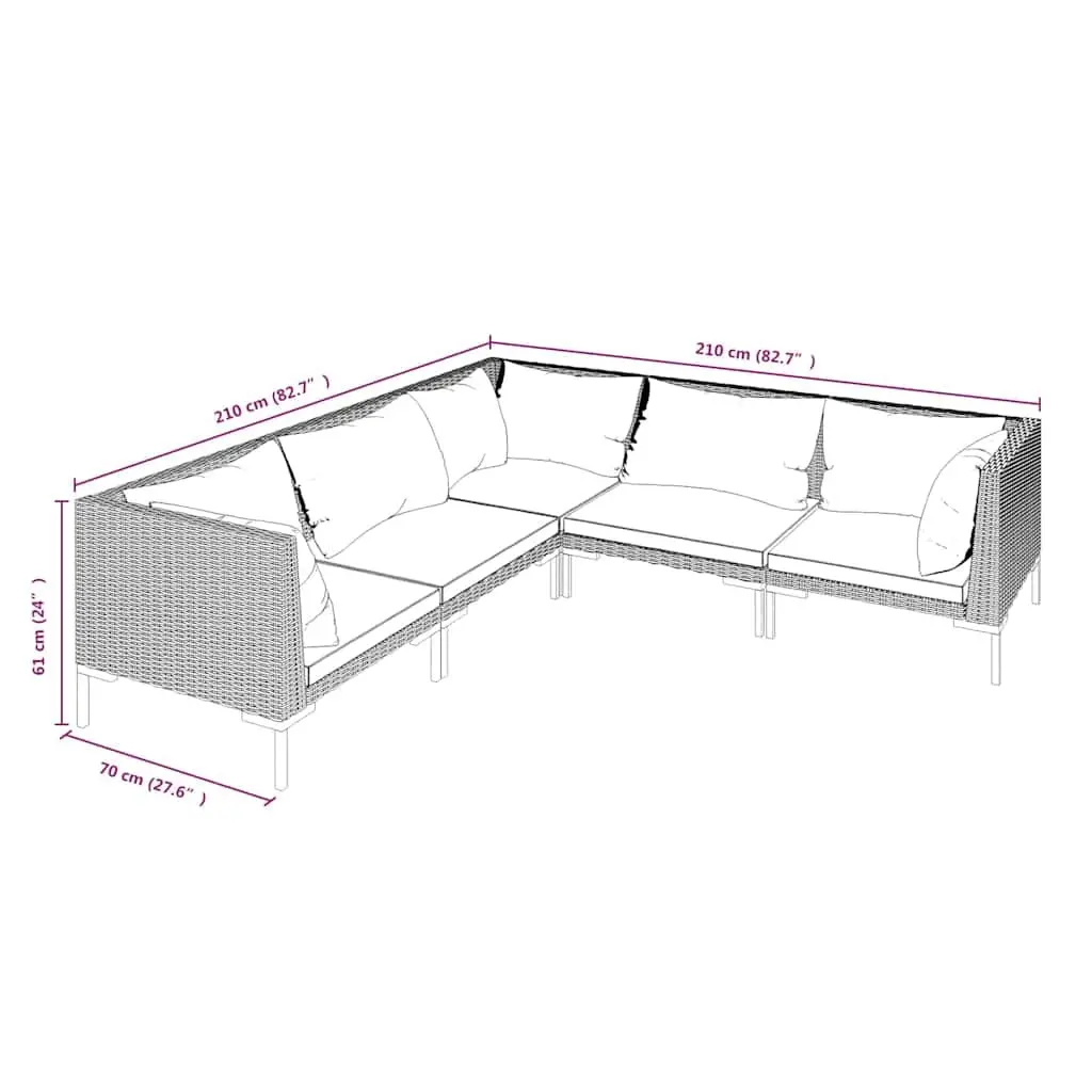 5 Piece Garden Lounge Set Powder-coated Steel Half-round PE Rattan Grey