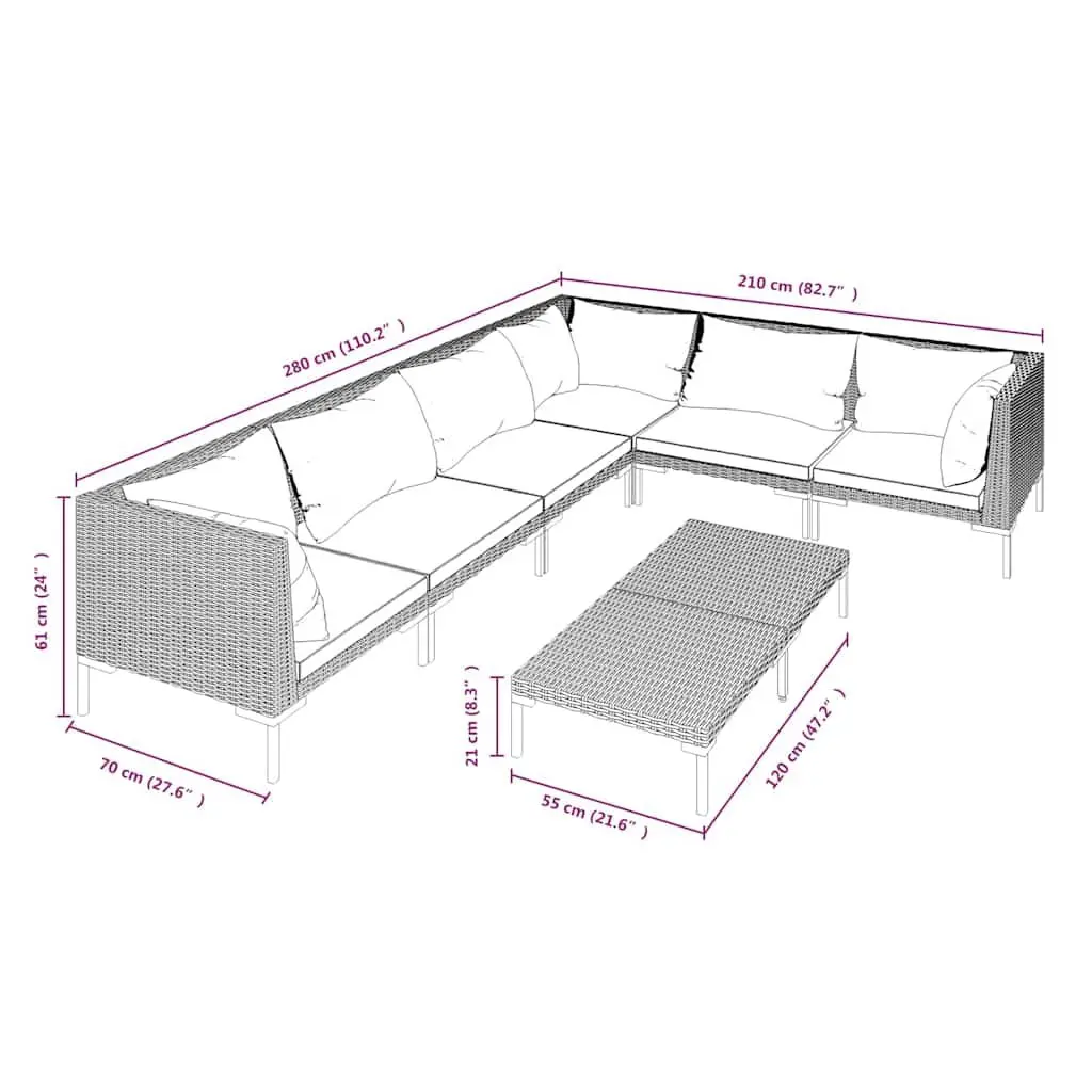 7 Piece Outdoor Lounge Set Grey Poly Rattan Patio Furniture with Cushions