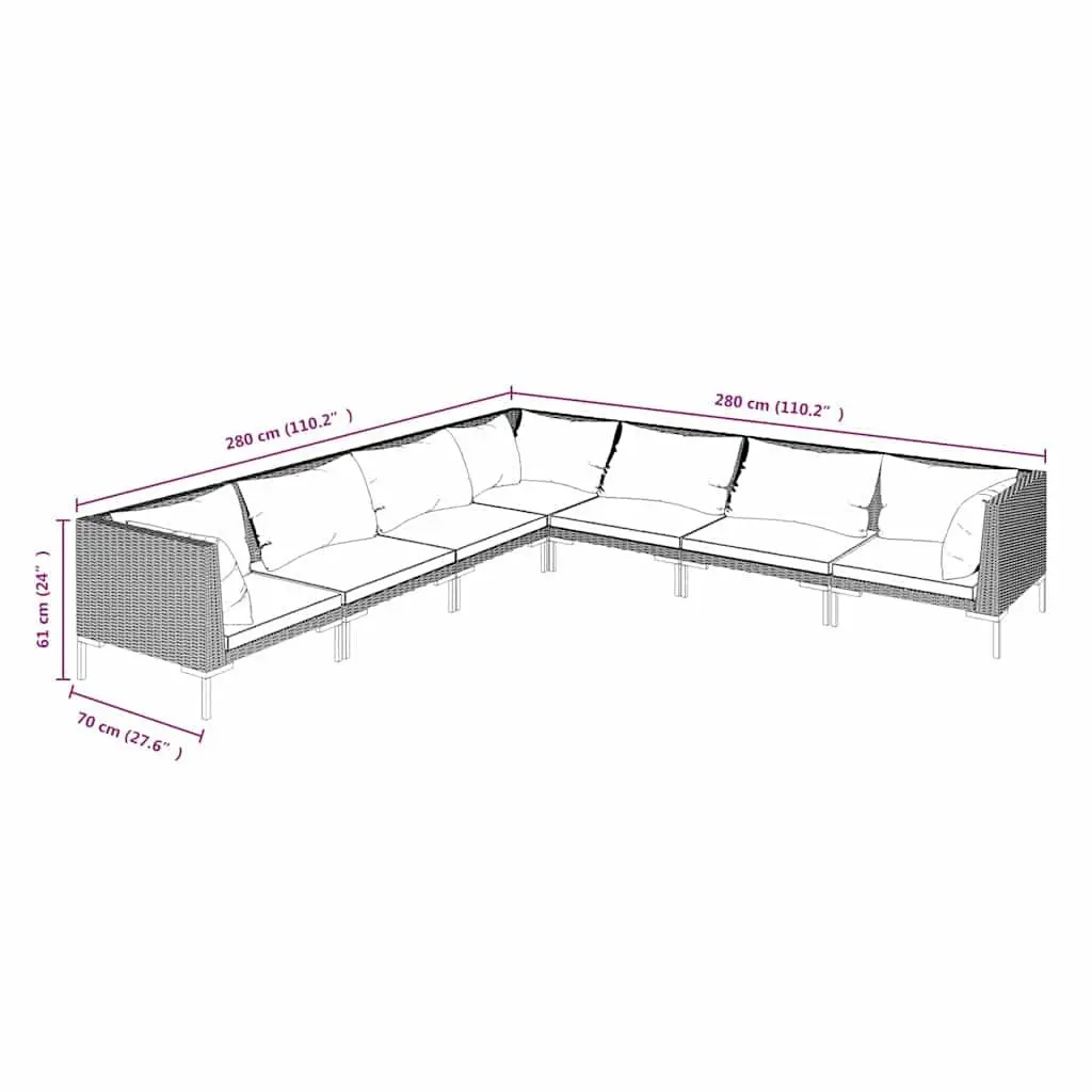 7 Piece Outdoor Furniture Grey Half-Round PE Rattan Garden Lounge Set with Cushions and Powder-Coated Steel Frame