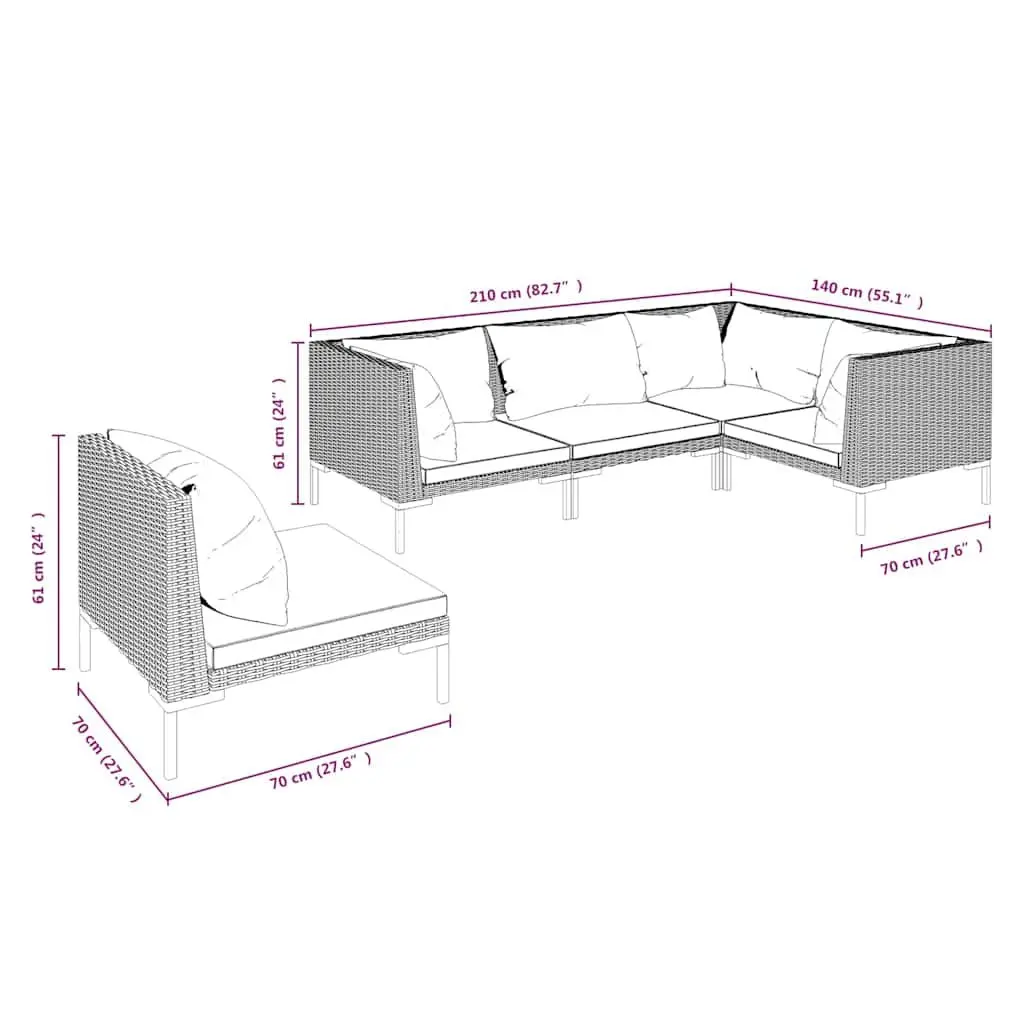 Garden Lounge Set PE Rattan Powder-coated Steel 5 Piece Grey Outdoor Patio Furniture with Cushions