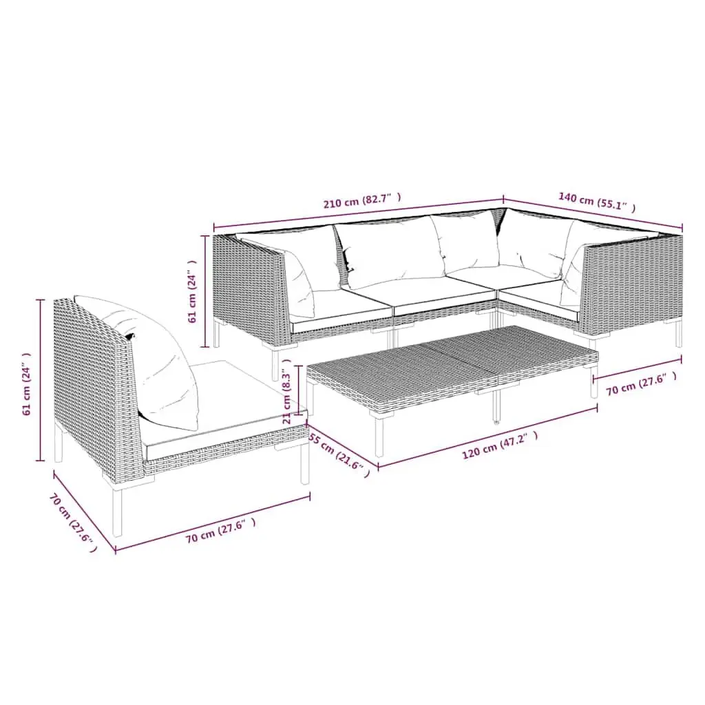 Garden Lounge Set PE Rattan 6 Piece Outdoor Furniture Grey
