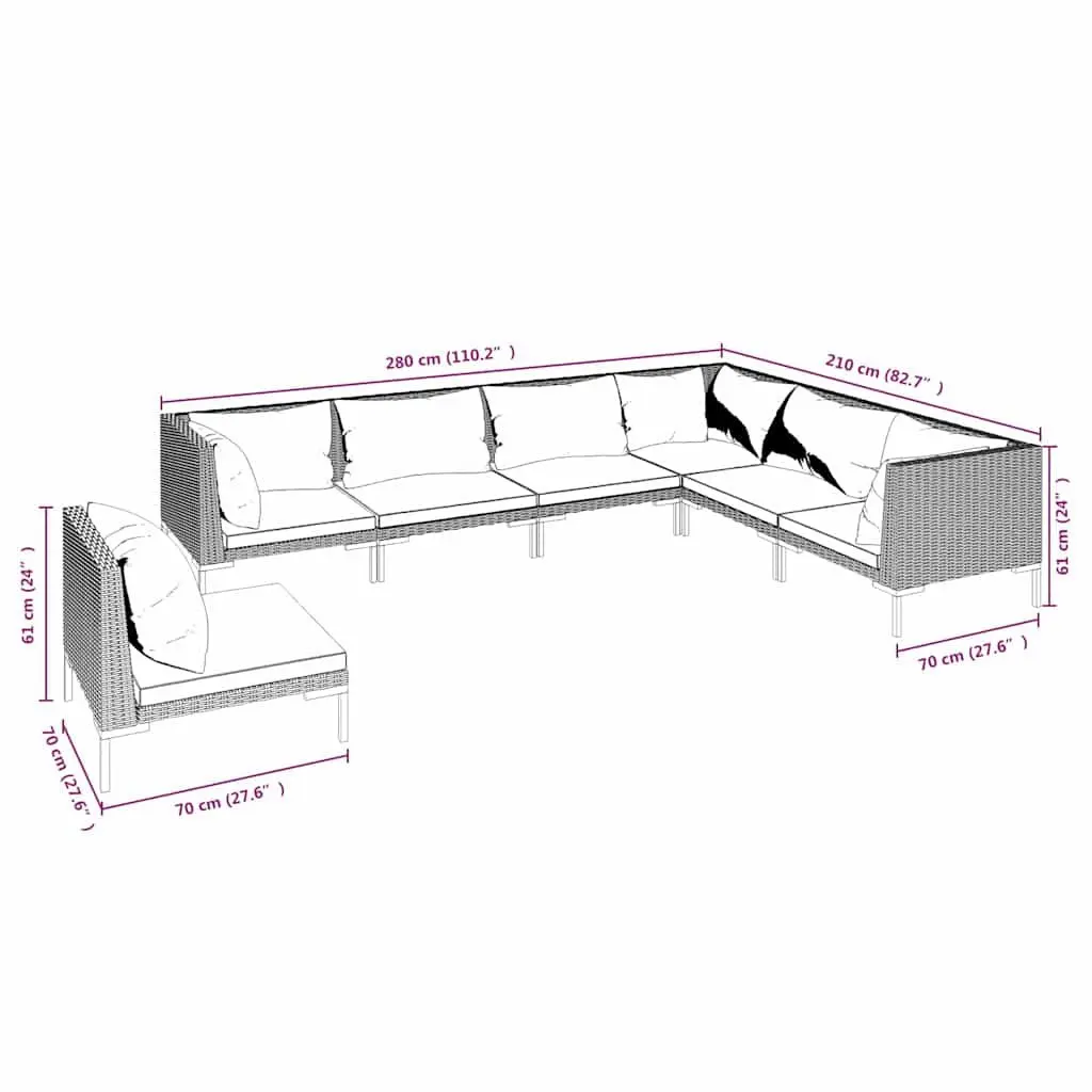 7 Piece Garden Lounge Set Powder-coated Steel Half-round PE Rattan Grey