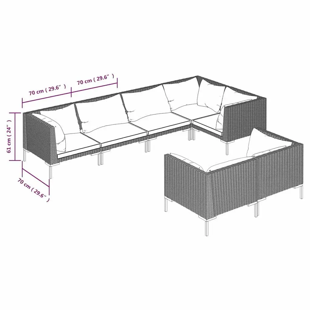 7 Piece Garden Lounge Set Powder Coated Steel Half Round PE Rattan Grey Outdoor Patio Furniture