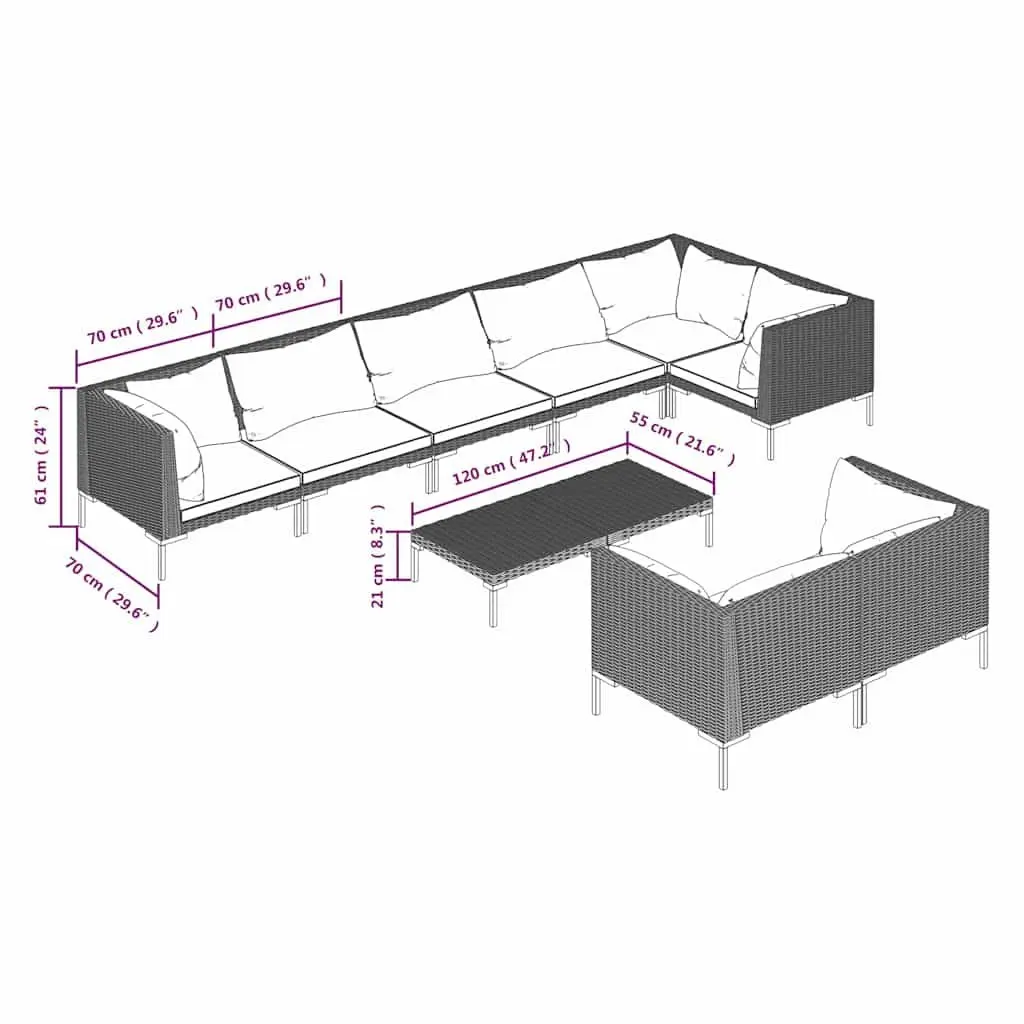 Garden Lounge Set Poly Rattan 9 Piece Outdoor Furniture Grey