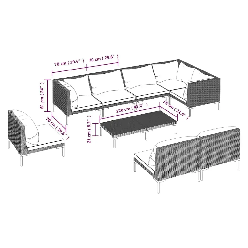 9 Piece Garden Lounge Set PE Rattan Powder-coated Steel Grey