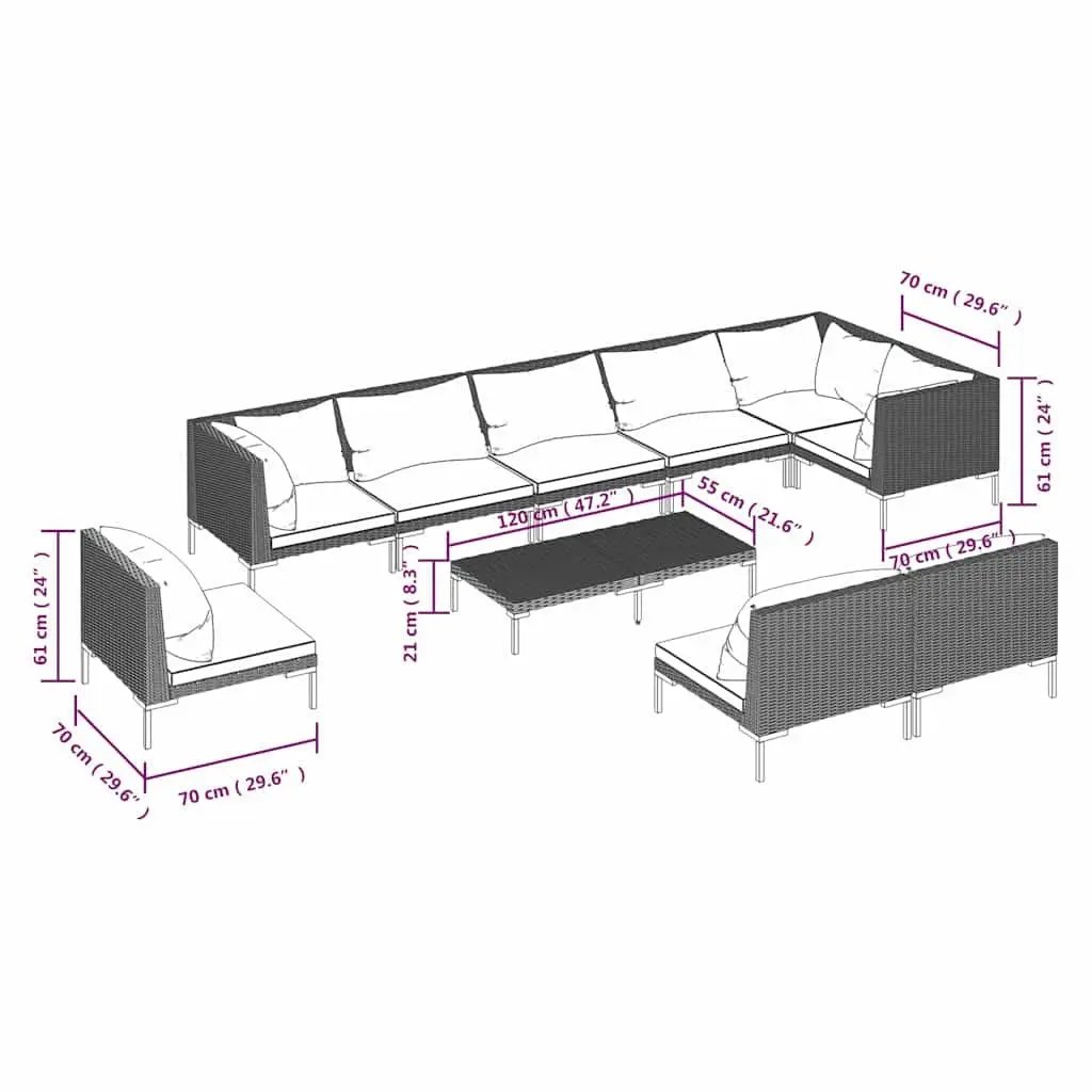 10-Piece Outdoor Lounge Set with Grey Rattan