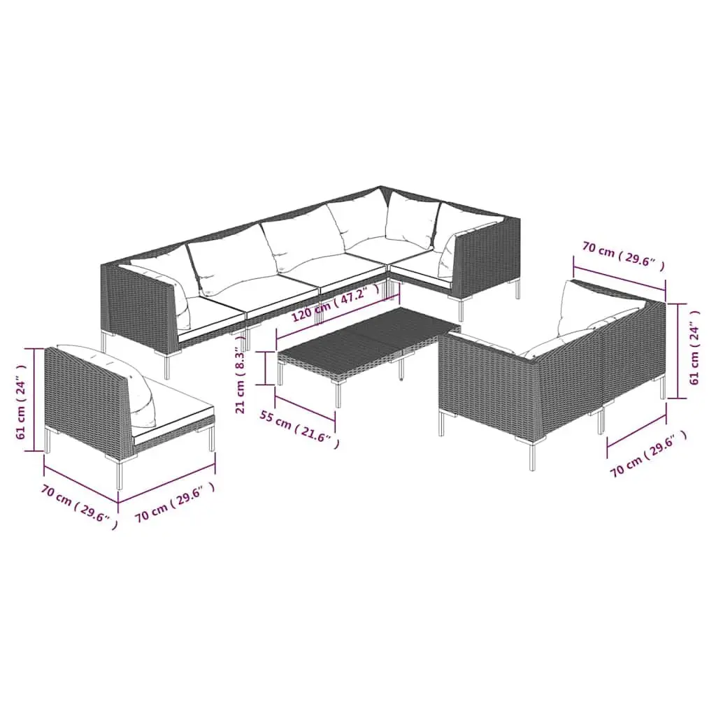 Garden Lounge Set Grey PE Rattan 9 Piece Outdoor Furniture Patio Sofa