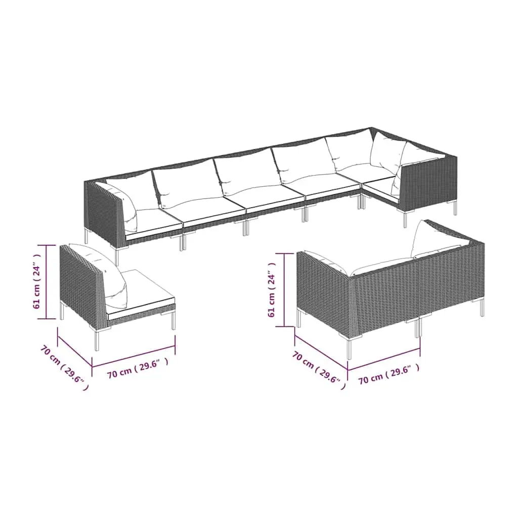 9 Piece Garden Lounge Set Rattan Powder-coated Steel Grey Cushions Outdoor Furniture