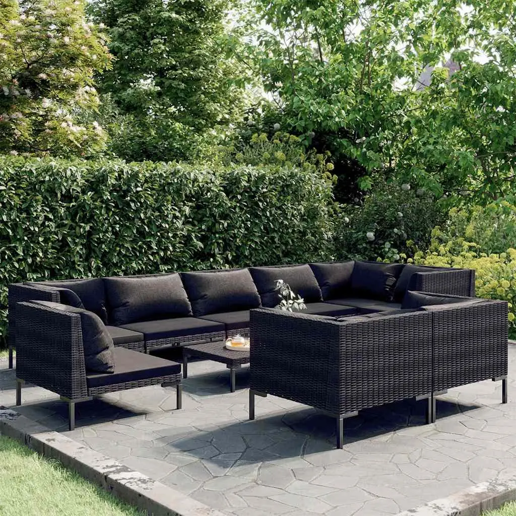 Garden Lounge Set Half-Round PE Rattan Powder-Coated Steel 10 Piece Grey