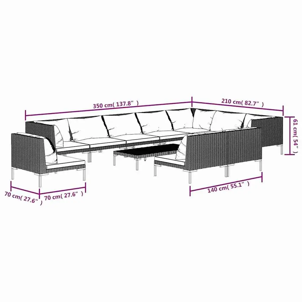 11 Piece Grey Poly Rattan Outdoor Lounge Set