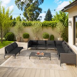 Sturdy 10 Piece Grey Garden Lounge Set with Cushions