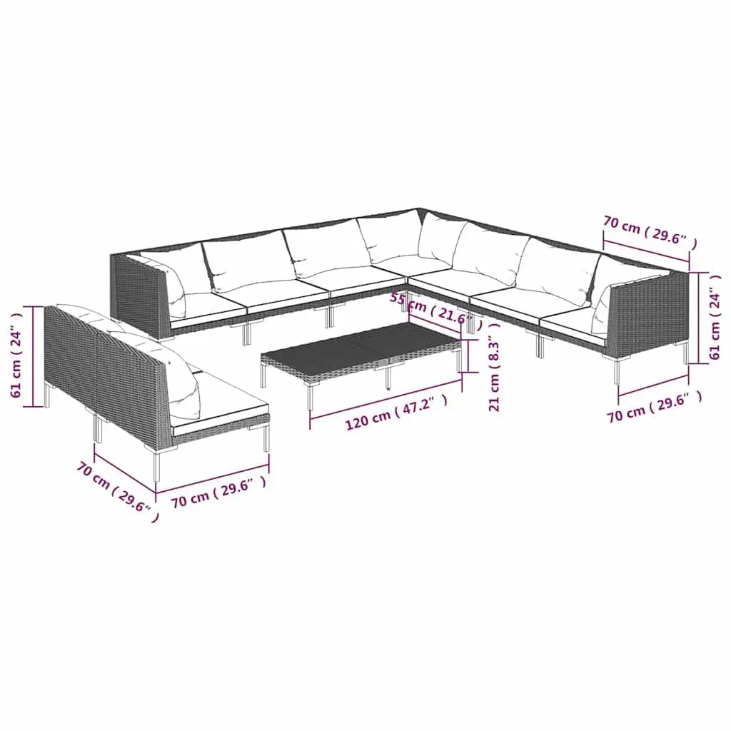 Garden Lounge Set Poly Rattan Powder-coated Steel 10 Piece Grey