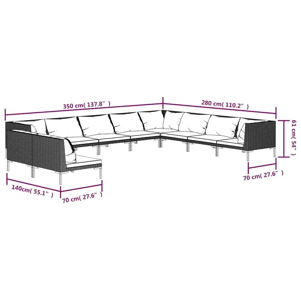 Garden Lounge Set Poly Rattan Powder Coated Steel 10 Piece Grey