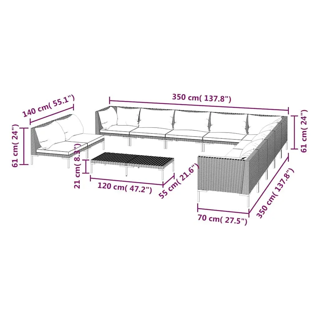 12 Piece Outdoor Lounge Set Grey Rattan Furniture with Removable Cushions and Steel Frame