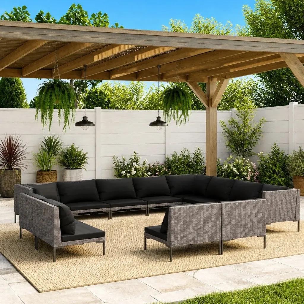 Garden Lounge Set PE Rattan Grey 12 Piece Outdoor Patio Furniture