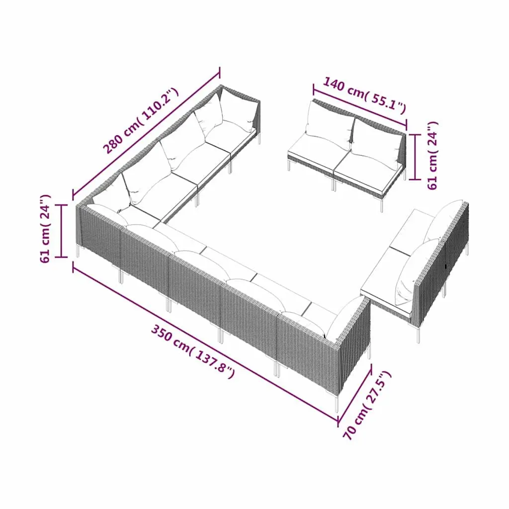 Garden Lounge Set PE Rattan Grey 12 Piece Outdoor Patio Furniture